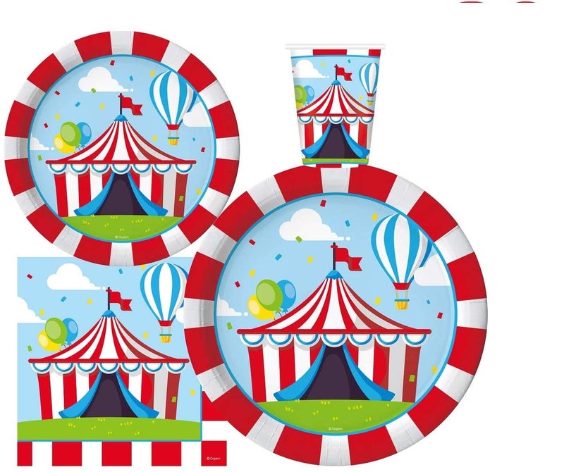 Oojami Serves 30 Complete Party Pack Circus Carnival Party Supplies 9" Dinner Paper Plates 7" Dessert Paper Plates 9 oz Cups 3 Ply Napkins Circus Themed Party Supplies - Image 1